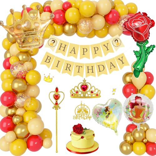 Geburtstagsdeko Mädchen, Prinzessin Belle Geburtstag Party Deko Luftballons Konfetti mit Tiara Krone Zauberstab Cupcake Topper Happy Birthday Banner Krone Ballon für Kinder Partydeko Geburtstag