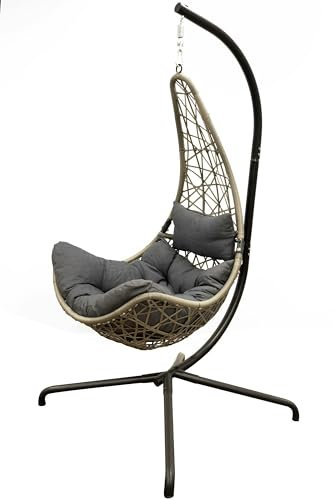 Signature Homes and Gardens SH&G Hanging Swing Chair | Basket Chair, Stand & Cushion Set | Grey Rattan & Steel with Grey Cushion