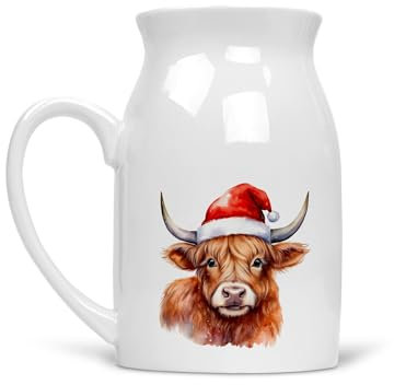 Noble & Page Encantadora jarra de leche de vaca de las tierras altas, jarra o jarrón versátil, hermoso regalo impreso a mano, Navidad