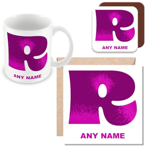 MUGGZ - Personalised - Unique Alphabet Name Mug - Mug, Lagre Greetings Card and Coaster Set - Add Name Text - Giftset - Made in The UK