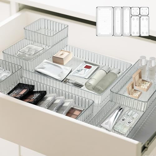 FrostJoy 7 Pcs Clear Plastic Drawer Organiser, Multipurpose Storage Bins for Kitchen Bathroom Office Stackable BPA-Free Waterproof Non-slip Thickened material Organized sorting Open-Top Lightweight