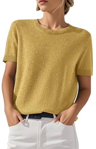 shownicer Femmes Pull Manches Courtes Printemps Été Sweatshirt Col Rond Top Tricot Couleur Unie Casual Pullover A Jaune L