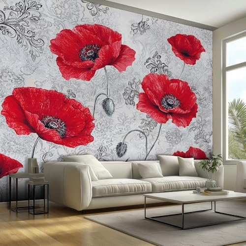 Red Poppy Mural Wallpaper, Vintage Baroque Floral Wallpaper for Bedroom, Living Room, TV Backdrop, Office, 3D Large Wall Mural Non-Woven Wall Paper 350 x 256 cm (WxH) oT159