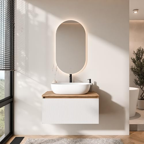 Planetmöbel Arisa Badmöbel Set Waschtisch mit Unterschrank | 80 cm, gold eiche weiß (geriffelt) mit LED Spiegel, Waschbecken 60 cm gold eiche weiß, Raumsparsiphon