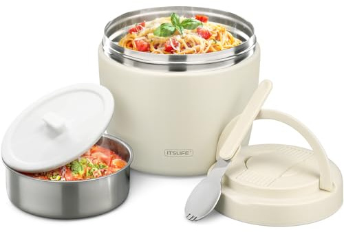 Itslife Thermobehälter für Essen 970ml, Thermoschüssel mit Deckel, Warmhaltebehälter aus Edelstahl mit Löffel, Thermoskanne Essen Auslaufsicher, Thermo Lunchbox für Suppen, Porridge, Beige