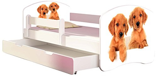 ACMA Kinderbett 160x80 Jugendbett mit Einer Schublade und Matratze, Rausfallschutz, Lattenrost Weiß, stabil, Kinderzimmer Bett, Jugendmöbel Design 39 Welpen