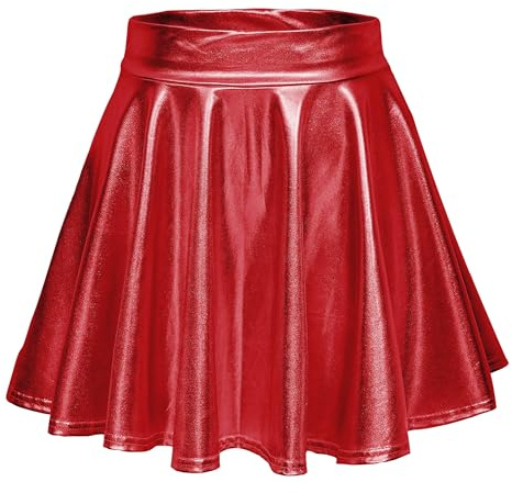 Damen Glänzend Höhe Taille Liquid Mini Rock Metallisch Elastische Taille A-Linien Pull On Skater Röcke (L, Rot)