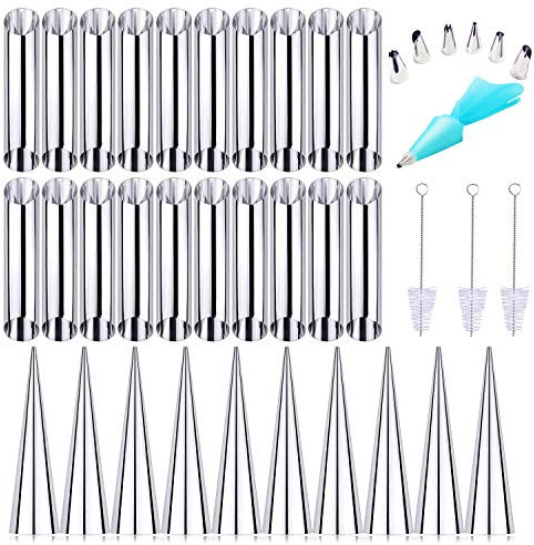 Woohome 41 Stück Cannoli Backform Set, Backen Edelstahl Rolle Horn Formen Konische Dänische Gebäck Croissant Kegel Formen mit Vereisungsdüsenspitze und Reinigungsbürst