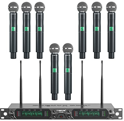 Phenyx Pro Wireless Microphone System, 8-Channel UHF Cordless Mic Set with Eight Handheld Mics, Fixed Frequency, All Metal Build, Long Range 260ft, Ideal for Karaoke, Church, Events (PTU-4000A)