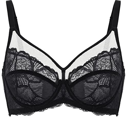 DOBREVA Damen Spitzen Minimizer BH mit Bügel Große Brüste Sexy Vollschalen Ungefüttert Schwarz 95C