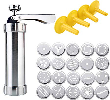JUHONNZ Biscuit Making and Icing Set,Biscuit Making and Icing Set,Stainless Steel Biscuit Press with 20 Cookie Mold and 4 Icing Tips Biscuit Icing Kit for Cookie Maker Kitchen