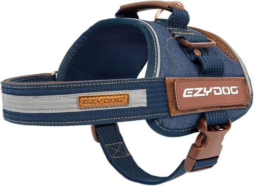 EZYDOG Convert Dog Harness | Magnetic Handle, Anti Pull Harness, Dog Harness for Small, Medium and Large Dogs, LED Light Mount, Reflective Strips, Contoured & Breathable Fabric (L, Denim)