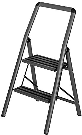 WENKO Aluminium Leiter Compact, 44 cm höher, Klapp-Trittleiter, 2 rutschsichere Stufen, Sicherheitsbügel & Haltegriff, 45,5 x 91,5 x 6 cm, Dunkelgrau