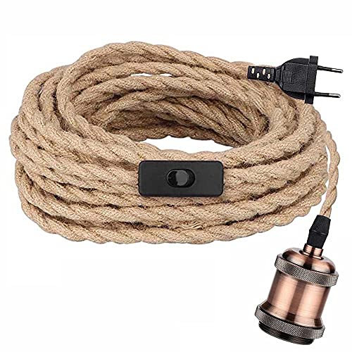 Cavo per lampada in stile retrò lungo 4,5 m, corda di canapa vintage con interruttore, attacco E27, per il fai da te, ideale per agriturismi e ambienti domestici