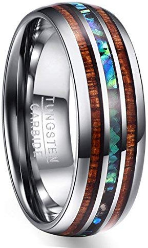 Vakki 8mm Silber Wolfram Ring mit Abalone Muschel Herren Damen Holzring Freundschaftsring Verlobungsring Ehering Größe 48(15.3)