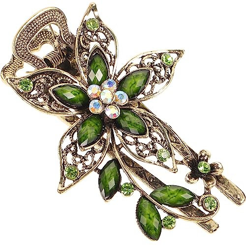 minkissy Elegante Haarspange Vintage Haarschmuck Grün Klammer Damen Strass Haarkralle Vintage Blätter Haarkralle Spangen Haare Rutschfeste Exquisite Haarspange