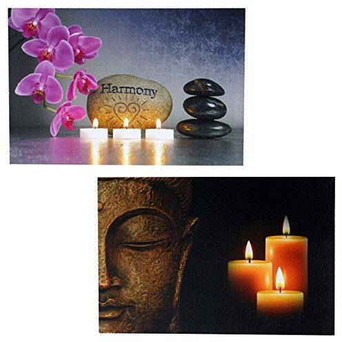 Mendler 2er-Set Leuchtbild-AM LED-Bild Leinwandbild Wandbild 40x60cm, Timer - Buddha + flackernd