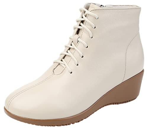 Jamron Donna Moda Vera Pelle Tacco a Zeppa Stivali con Lacci Invernali Stivaletti con Fodera in Pelle Beige EU37
