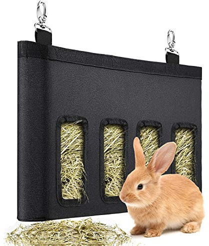 Heu Futterbeutel Kaninchen Heu Beutel Hängender Futtersack Kaninchen Heutasche Heu Futter Tasche Hase Futterspender Sack mit 4 Fenster für Kaninchen Hamster Meerschweinchen Kleintiere,Schwarz