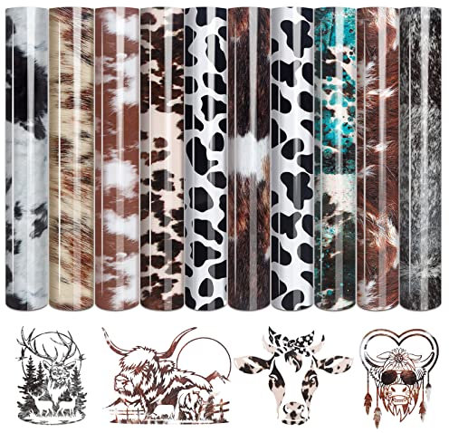 Tintnut Cowhide HTV Vinyl - 10 Sheets 12x10 Brown Heat Transfer Vinyl Animal Printed Patterned HTV Iron on Vinyl for T-Shirts DIY