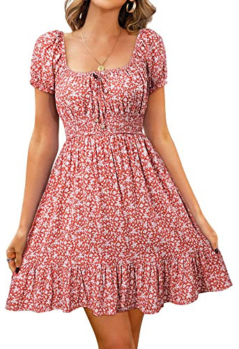 Livonmone Damen Kleid Lässig Sommerkleid Blumendruck Hohe Taille Kleider Puff Ärmel Retro Sexy Casual Tunika Beach Minikleid (Rosa, M)