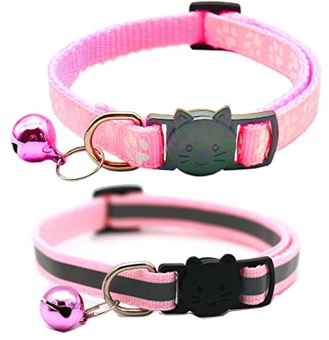 Hepplly 2-Pack Katzenhalsbänder Quick Release Reflective Kitten Halsband mit Glocke (Hellrosa)