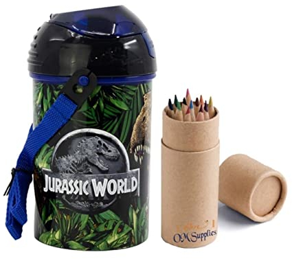 OM SUPPLIES Jurassic Pop Up Water Bottle Drink Bottle Flask with Neck Cord for Easy Carry School Lunch Kids Childrens 450ml Includes Half Size 12pcs Pencil Set (Jurassic)