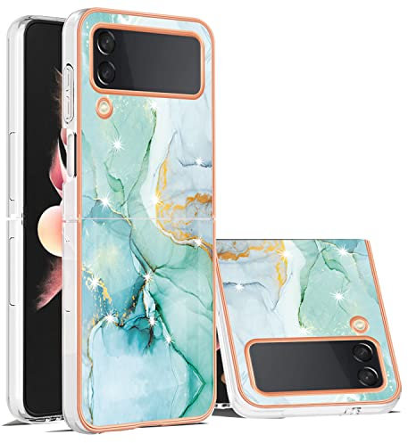 Kainevy für Samsung Galaxy Z Flip 4 Hülle Silikon Aesthetic mit Marmor Design Rosa Handyhülle Samsung Z Flip 4 Hülle Durchsichtig Glitzer Schutzhülle Kratzfest Stoßfest Case Dünn (Rubingrün)