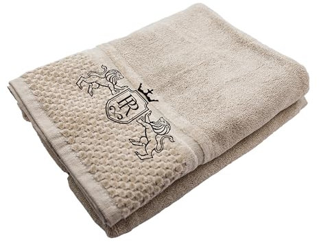 DC DECORATORE HOME & STYLE Luxus Handtuch mit Bestickung - Initialen - Personalisiert - Baumwolle - Elegant - Dusch- und Badetuch - Frottee - Geschenkidee Hochzeit Jubiläum - 70x140cm – Beige