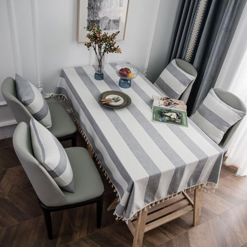 Menkala Tischdecke Abwaschbar Grau Gestreift Tischwäsche mit Quasten Baumwolle Leinen Streifen Rechteckige Tischtuch 140x250cm Landhausstil Tischdeko für Home Küche Speisetisch