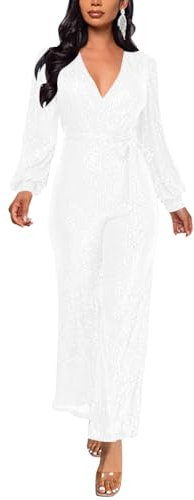 ORANDESIGNE Damen Pailletten Overall Langarm V-Ausschnitt Glitzer Strampler Lockere Hose Party Clubwear Einteiler Lang Abend Jumpsuit Elegant Playsuit Romper Hosenanzug mit Gürtel A Weiß XL