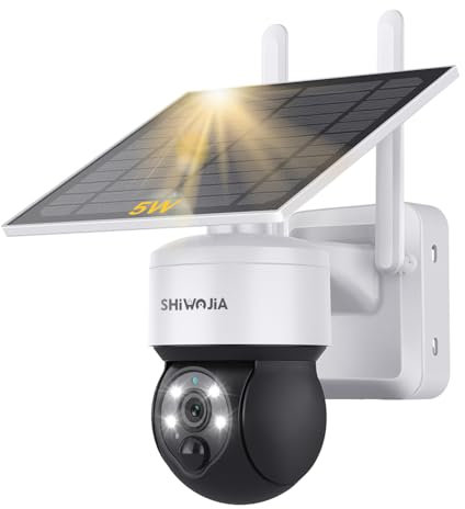 SHIWOJIA Wireless WiFi Solar Camera, 5W Solar Panel, 2K Security Camera Outdoor, Color Night Vision, PIR Human Detection, Two-Way Audio, IP66 Waterproof, Cloud/SD