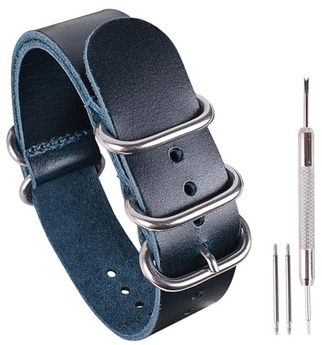 uEmoh Einteiliges Uhrenarmband für Herren und Damen, 14 mm, 16 mm, 18 mm, 20 mm, 22 mm, 24 mm, genarbtes Rindsleder, 22 mm, marineblau/silberne Schnalle)