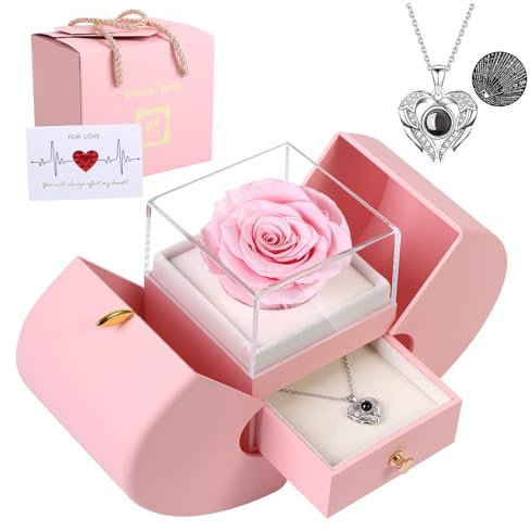 Preserved Real Pink Rose with I Love You Necklace 100 Languages, Gifts for Girlfriend, Women, Mom, Wife, Gifts Idea on Christmas, Valentine's Day, Mother's Day, Birthday, Anniversary, Thanksgiving