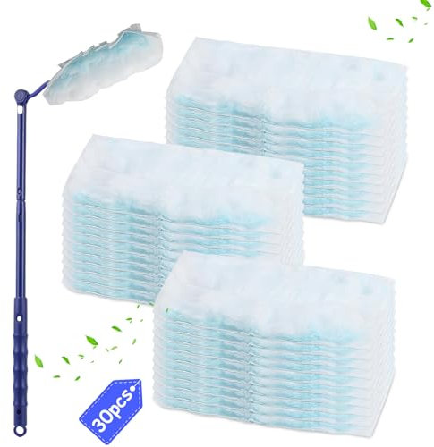 30 Piezas Recambio de Plumero Esponjoso, Recambio para Plumero de Polvo, Recarga Plumero Manual con 1 Mango, Plumero de Polvo Microfibra Desechable para Limpiar Polvo, Suciedad