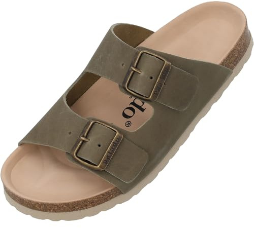 Palado Pantoletten Damen Korfu Oiled Premium Leather - modische Sandalen Made in Spain - bequeme Hausschuhe - modische Sommerschuhe Khaki UK3,5 - EU36