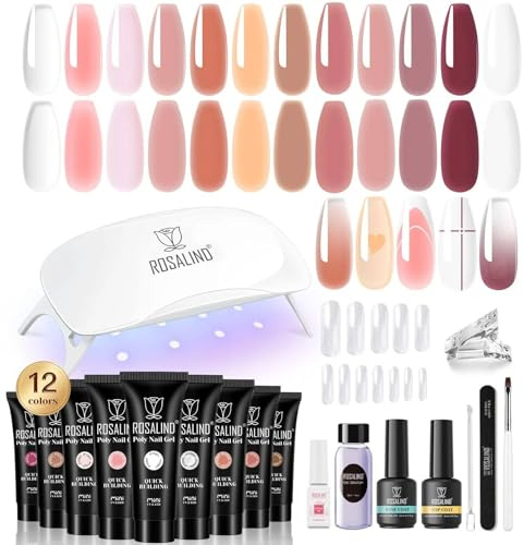 ROSALIND Poly Nagelgel Kit, Poly Extension Nagelgel Starter Set mit Mini UV Lampe,Base &Top Coat, Nail Art 12 Farben 10ml Nagelverlängerungs Gel für Profesionelle Salon & zu Hause DIY