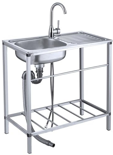 Évier Cuisine avec Plate-Forme, Évier Inox Autoportant avec Support, Évier De Mobile avec Robinets Chauds et Froids, Évier Utilitaire Inox pour Restaurant Garage Jardin