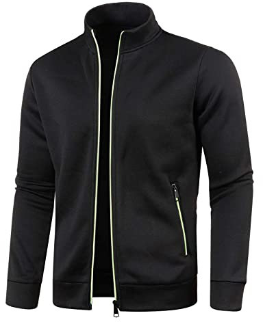 Felpa da uomo in pile con zip intera, senza cappuccio, leggera, con cerniera completa, con colletto rialzato, con tasche, per palestra, fitness, cardigan da uomo, Nero , L