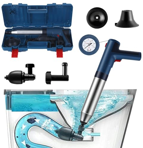 Pompa Stura Scarichi Elettrico, Stura WC Sturalavandini a Pressione Pompa in Acciaio Inox con Barometro 4 Adattatori in Gomma Sbloccatore per Bagno Cucina WC Scarico a Pavimento Lavabo