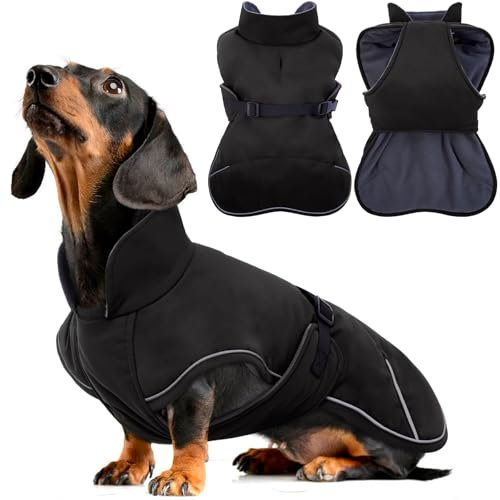 Hjyokuso Hundemantel Dackel, Winddichter Wasserdichter Wintermantel Für Dackel Hunde, Hundejacke Für Große Hunde, Hundemantel Winter Mit Bauchschutz Und Leinenloch, Winterjacken Für Hunde - Schwarz