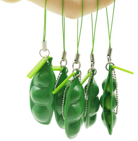 SGERUFZ 5 Pcs Quetschbohnen Schlüsselanhänger Squishy Erbsenkapsel Stress Spielzeug Sojabohnen Anhänger für Kinder Spaßige Handykette Taschenanhänger