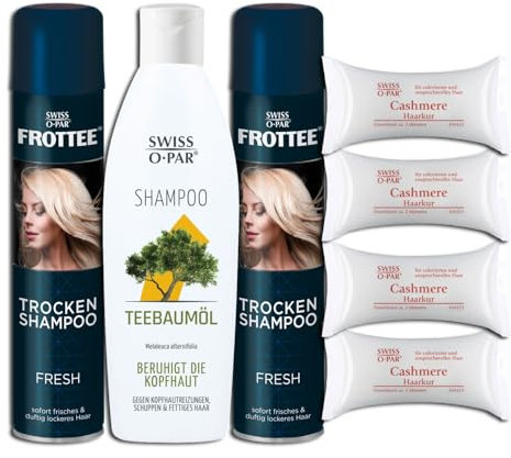 Swiss-o-Par 7er Set: 2 x Trockenshampoo Frottee, 250 ml, 1 x Shampoo Teebaumöl, 250 ml, 4 x Haarkurkissen Cashmere, 25 ml