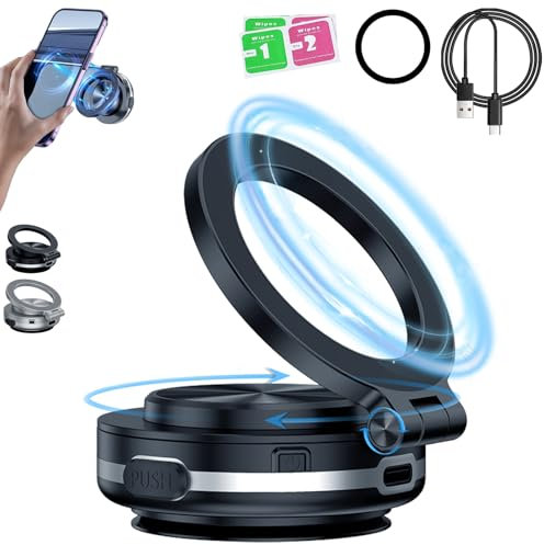 Car Electric Suction Cup Vacuum Magnetic Phone Holder - 360° Rotating Magnetic Phone Mount (Black)