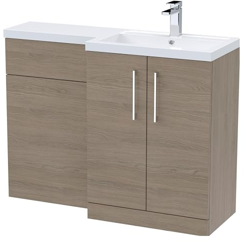 Balterley Vanity Unit with L-Shaped Basin & Worktop, & WC Unit, Floor Standing 2 Door Soft Close Vanity, Right Hand Bathroom Sink Storage with Basin and Water Closet (Solace Oak)