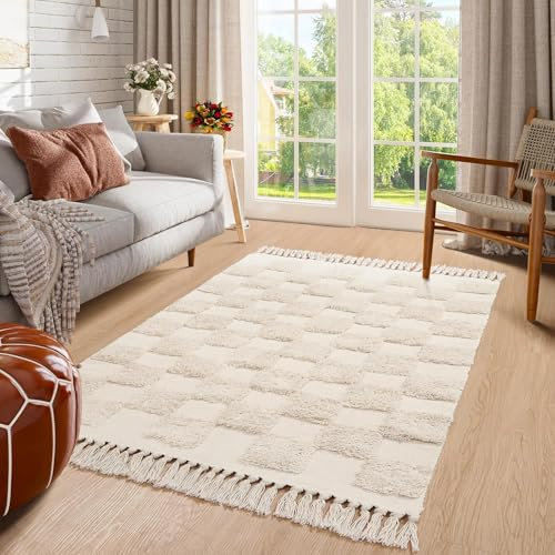 JaeMoose Baumwolle Teppich Getuftet Baumwoll Waschbar Retro Flur Teppich mit Quasten Marokkanisch Boho Teppiche für Wohnzimmer Schlafzimmer Eingangstür (Beige Checkerboard, 120 x 180 cm)