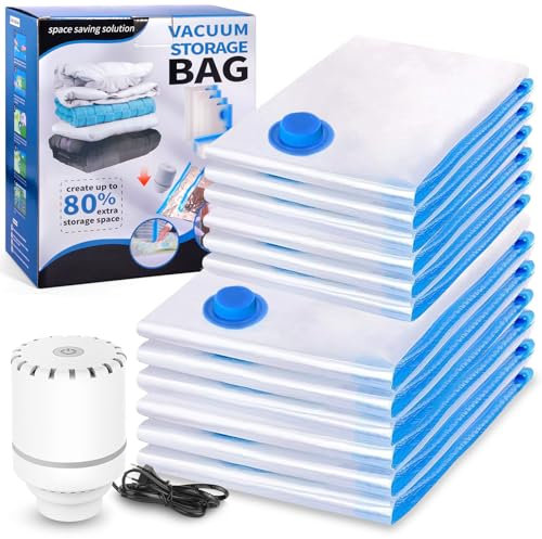 BUOAZR Sacs de Rangement Sous Vide Aspirateur 12 Pièces 6L 80x60cm 6S 60x40cm avec 1 Pompe à Air Électrique, Housses de Rangement Sous Vide Réutilisable Stockez Vêtements la Literie et les Bagages