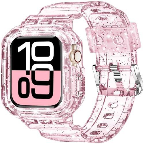 XYF Compatible for Crystal Clear Apple Watch Bands, 42mm Series 10 Bumper Case for Men Women Jelly Sport Cover Strap for iWatch Ultra 2/1 Series 10 9 8 7 SE 6 5 4 3 2 1 (Glitter Pink, 42)