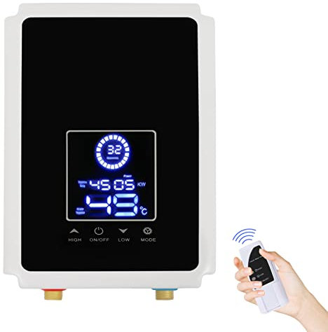 Chauffe eau instantané electrique, 6500w 220V Mini chauffe eau avec indicateur de température LED Télécommande, IPX4 Electrique Instant Petit chauffe-eau 30-55 °C