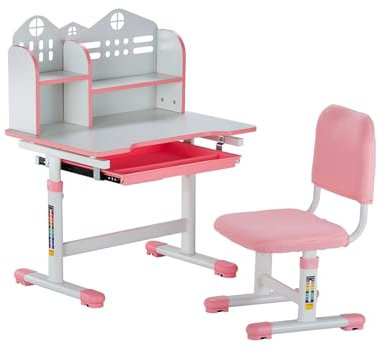 VEVOR Set Scrivania e Sedia per Bambini, Capacità di Carico di 100 kg Tavolo da Lavoro e Sedia per Bambini con Libreria e Cassetto, Regolabile in Altezza, per Camera da Letto e Studio, Rosa